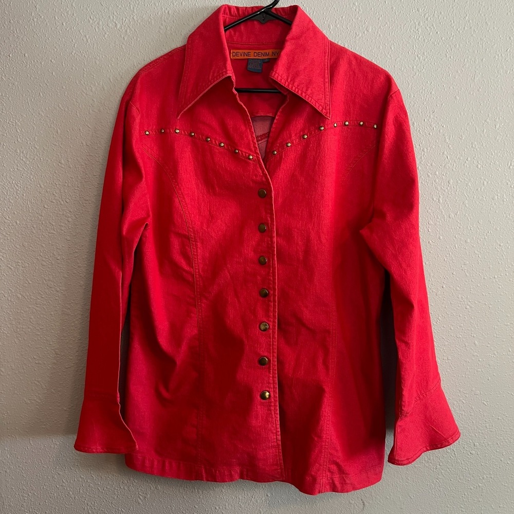 Devine Denim NY Red Women's Shirt Jacket Studded Accents Western Cotton Size 16